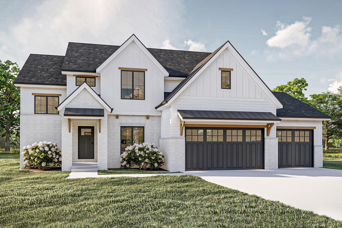 Modern Farmhouse house plan exterior with white brick, board and batten siding, gables, and a three-car garage.