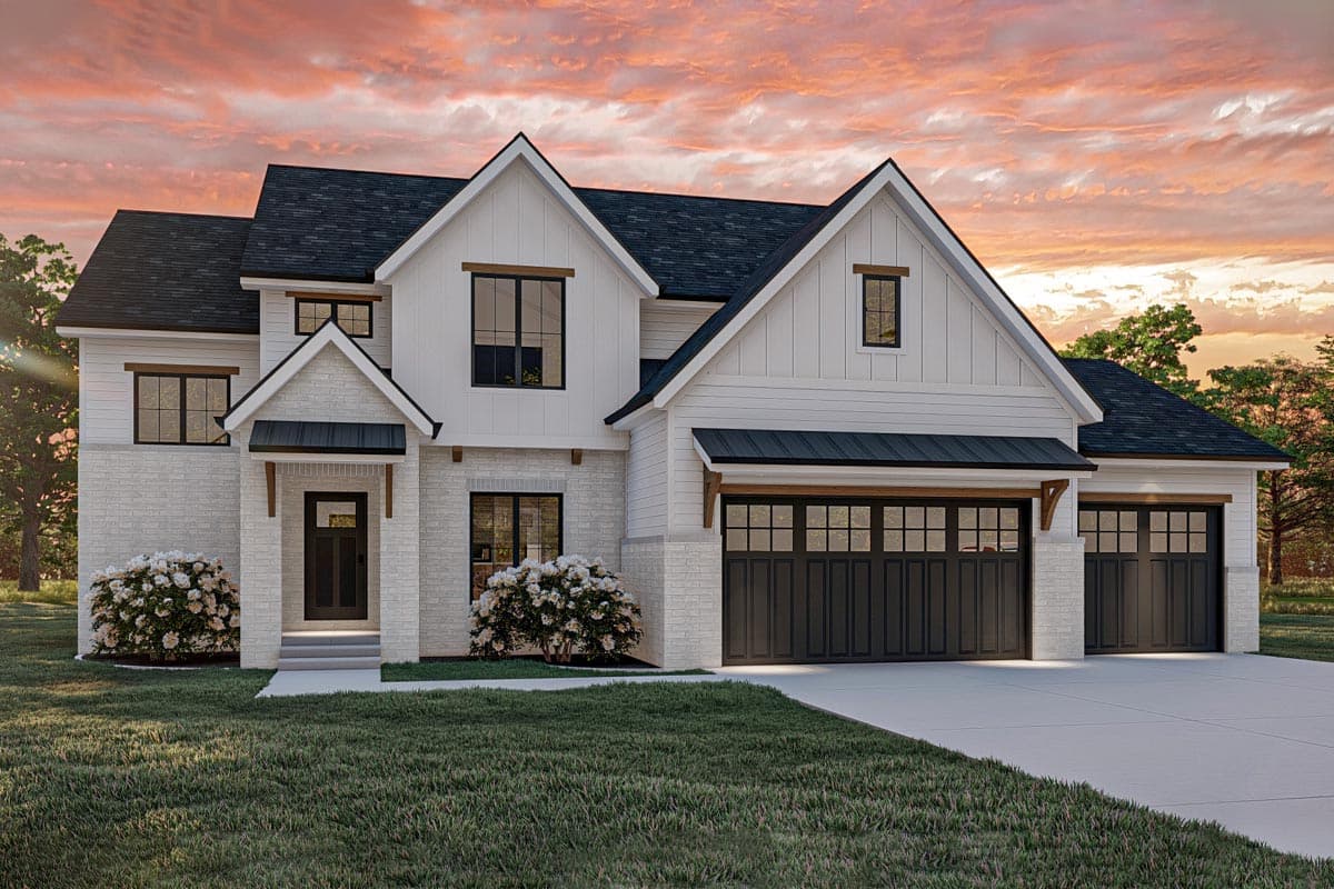 Modern Farmhouse house plan exterior with two stories, gabled roof, brick accents, and attached garage. Includes a covered front entry.