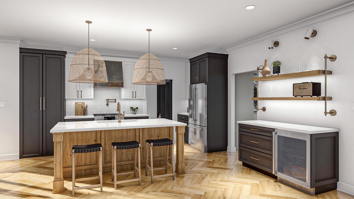 Kitchen rendering with central island, dark cabinetry, stainless steel refrigerator, and open shelving.
