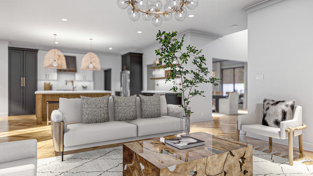 Interior rendering of an open-concept living area and kitchen with sectional sofa, island, and modern lighting.