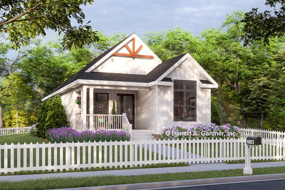 House plan exterior rendering. Cottage style, one story home with a front porch, gables, and vertical siding. White picket fence in foreground.