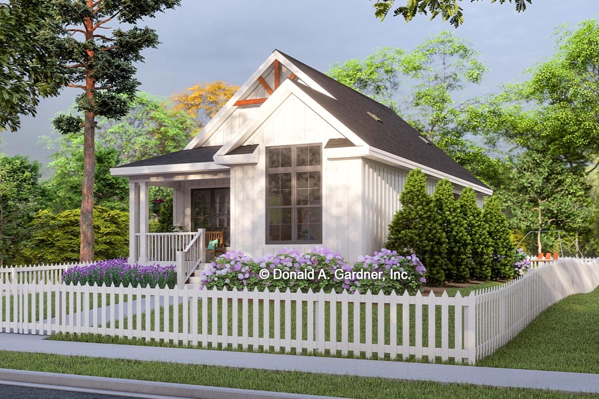 House plan exterior: Modern Farmhouse style, one story, with a covered front porch, gabled roof, and vertical siding.