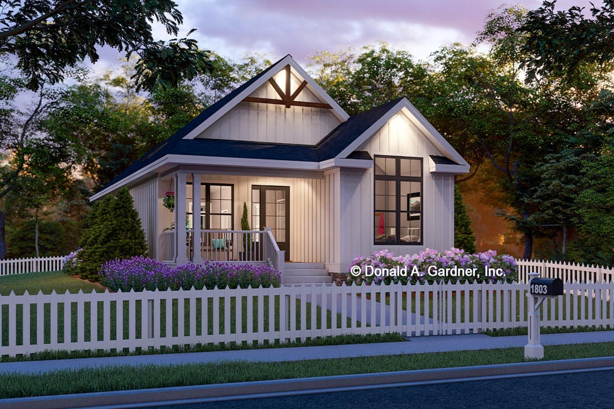 House plan exterior: Modern Farmhouse, one story, with a front porch, gables, and board and batten siding.