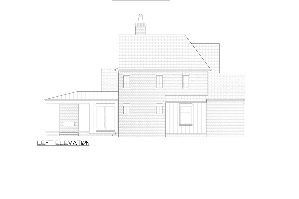 Left elevation drawing of a two-story house plan with brick exterior, covered porch, and varied rooflines.