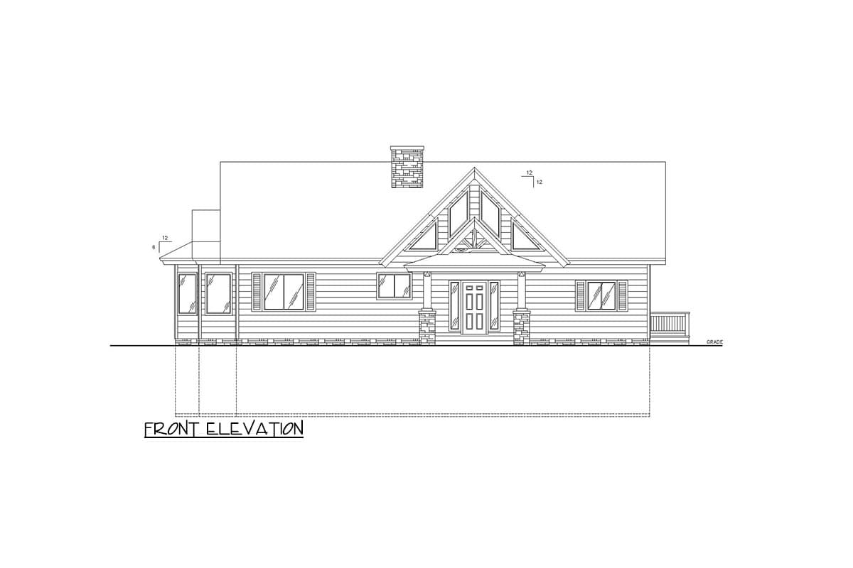 Front elevation drawing of a one-story house plan with a covered front porch, central entrance, gabled dormer, and chimney.