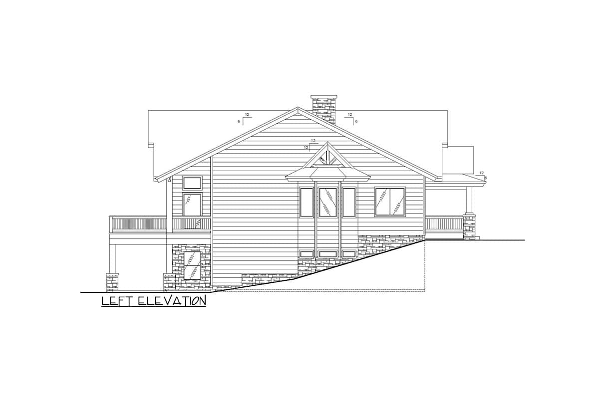 Left elevation house plan drawing with siding, stone foundation, covered porch, deck, and prominent gable with bay windows.
