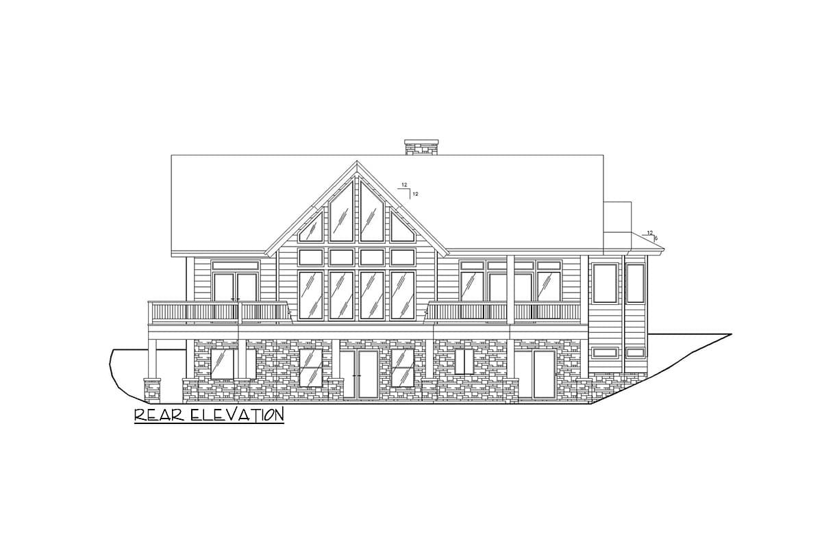 Rear elevation drawing of a house with a large gable window section, deck, and stone base.