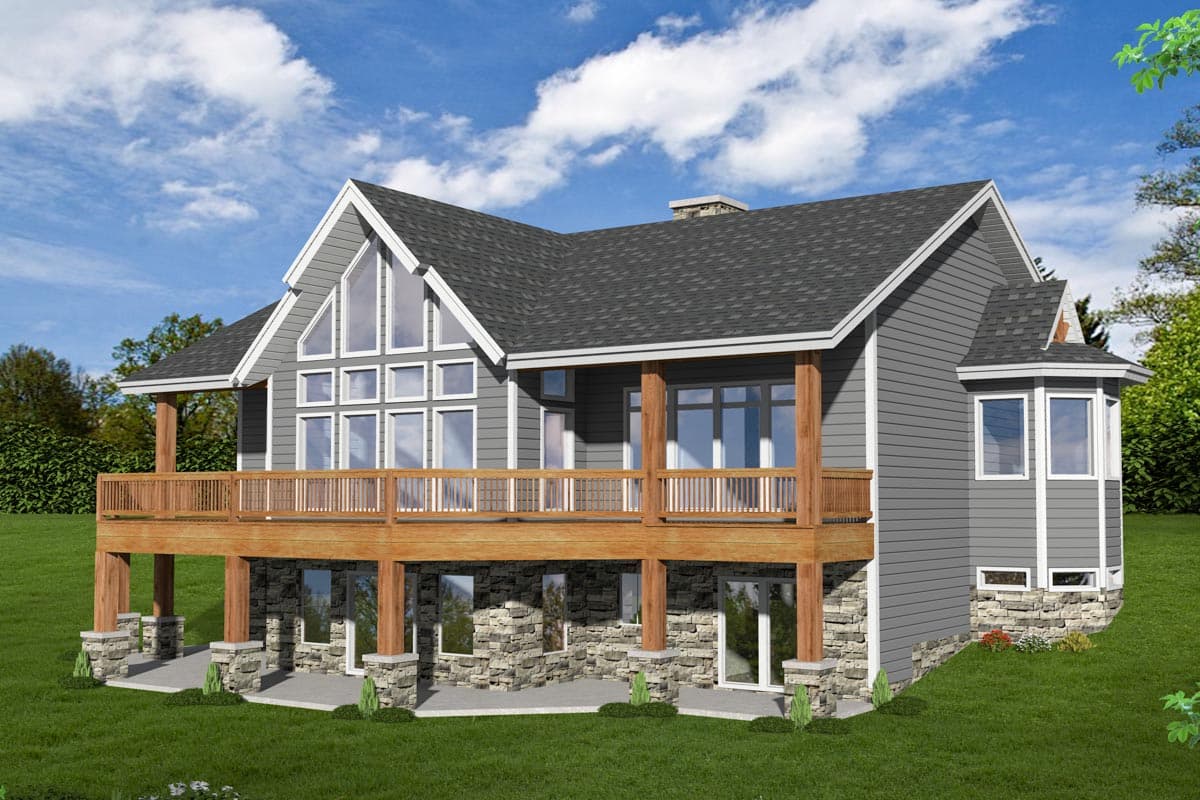 House plan exterior with two stories, gabled roof, timber-framed porch, and stone foundation.
