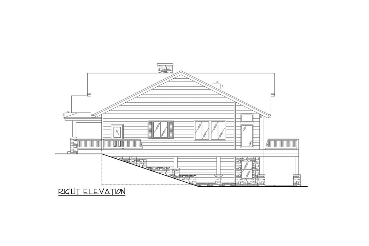 Right elevation house plan showing a two-story home with a covered porch, deck, gabled roof, and stone foundation.