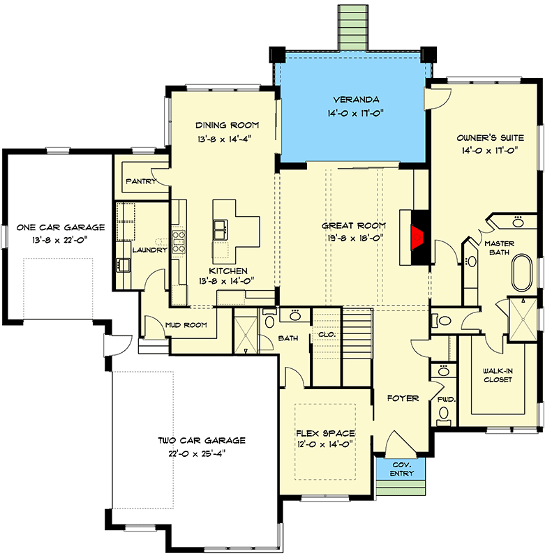 Plan 93189EL: Transitional 2-Story Home Plan with Flex Space and Protected Veranda - Floor Plan - Main Level - Contemporary, Modern, Prairie, Transitional