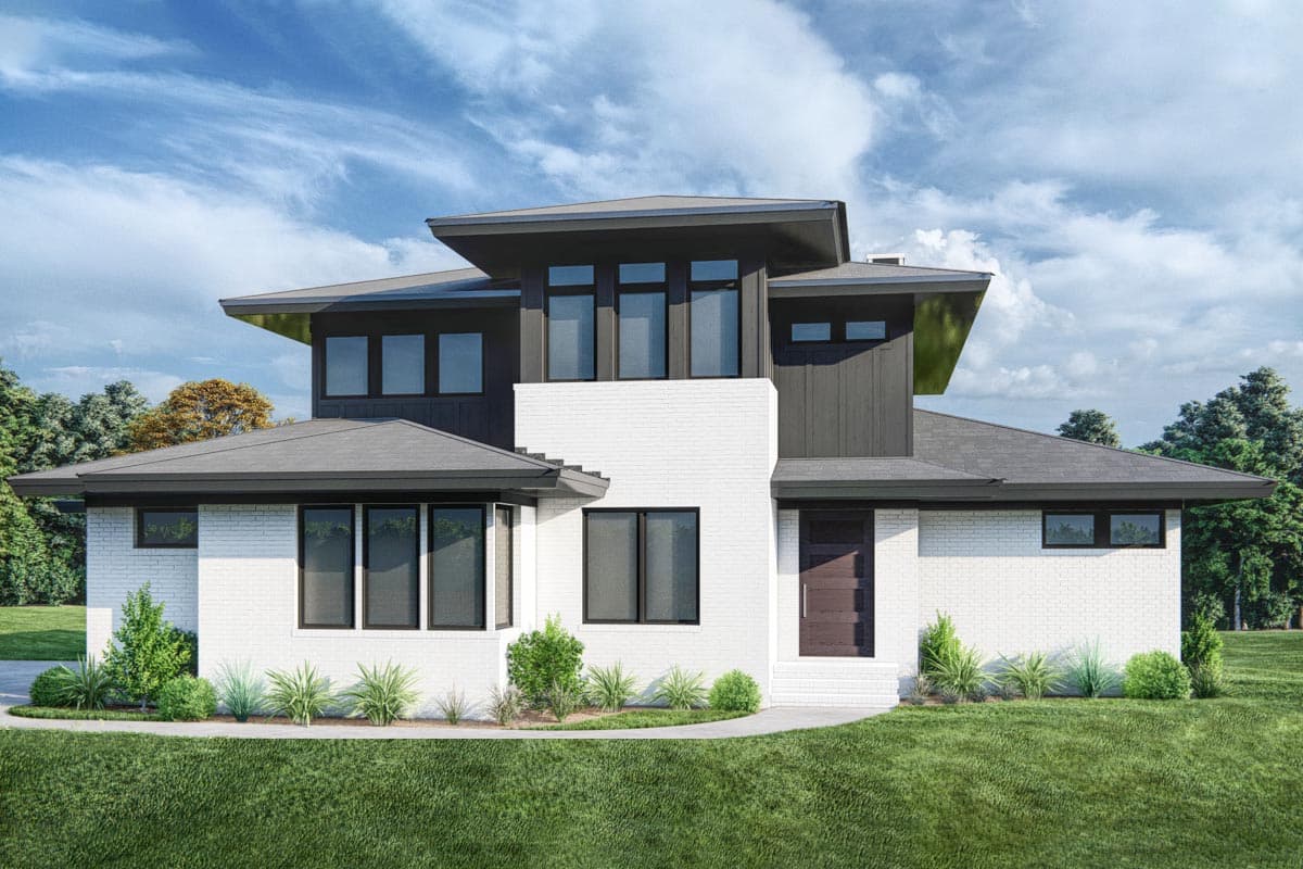House plan exterior with two stories. Modern style with flat rooflines, large windows, and a dark wood front door.