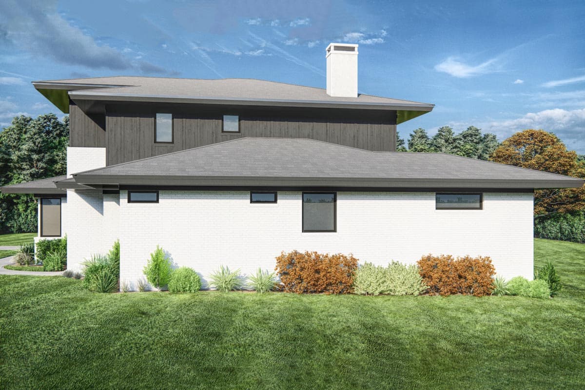 House plan exterior: Modern style, two stories, white brick and dark wood siding, flat roofline, prominent chimney.