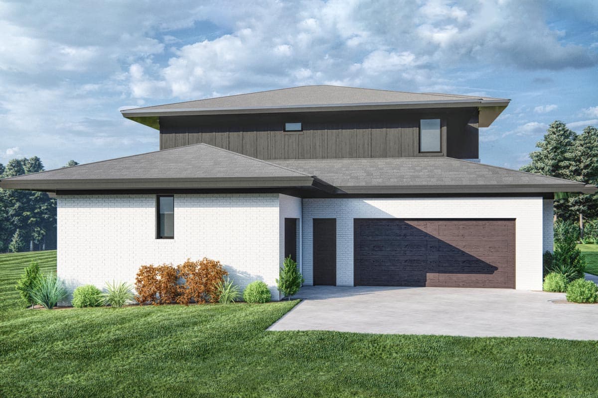 House plan exterior with white brick, two stories, flat rooflines, and attached garage.