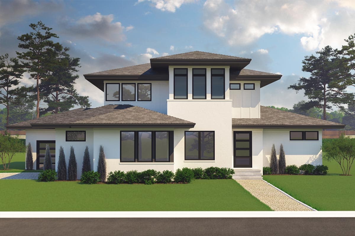 Modern house plan exterior with a two-story design, flat rooflines, and large, dark-framed windows.
