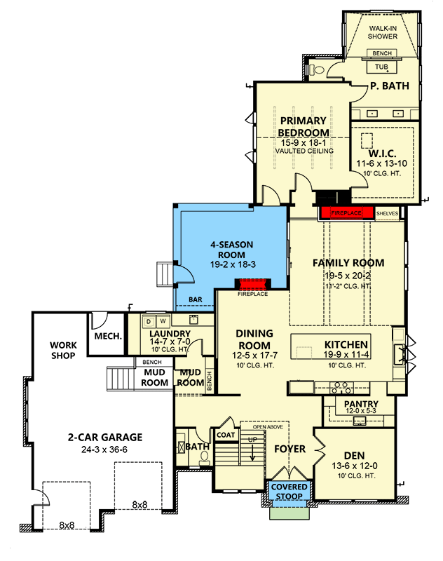Plan 260025RVC: 4215 Square Foot 2-Story Transitional House Plan with 4-Season Room with Fireplace - Floor Plan - Main Level - Contemporary, Craftsman, New American, Transitional