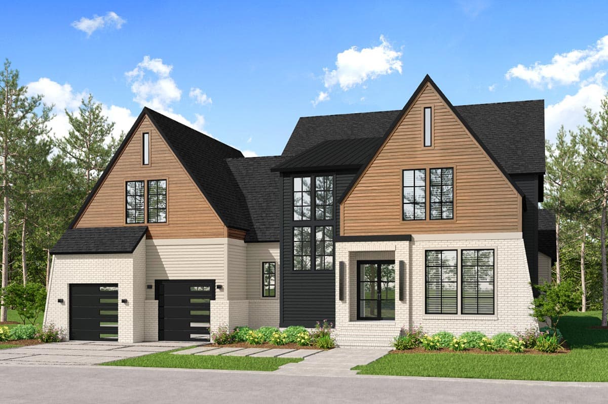 House plan exterior with a Modern Farmhouse style, two stories, brick base, gabled dormers, and a two-car garage.