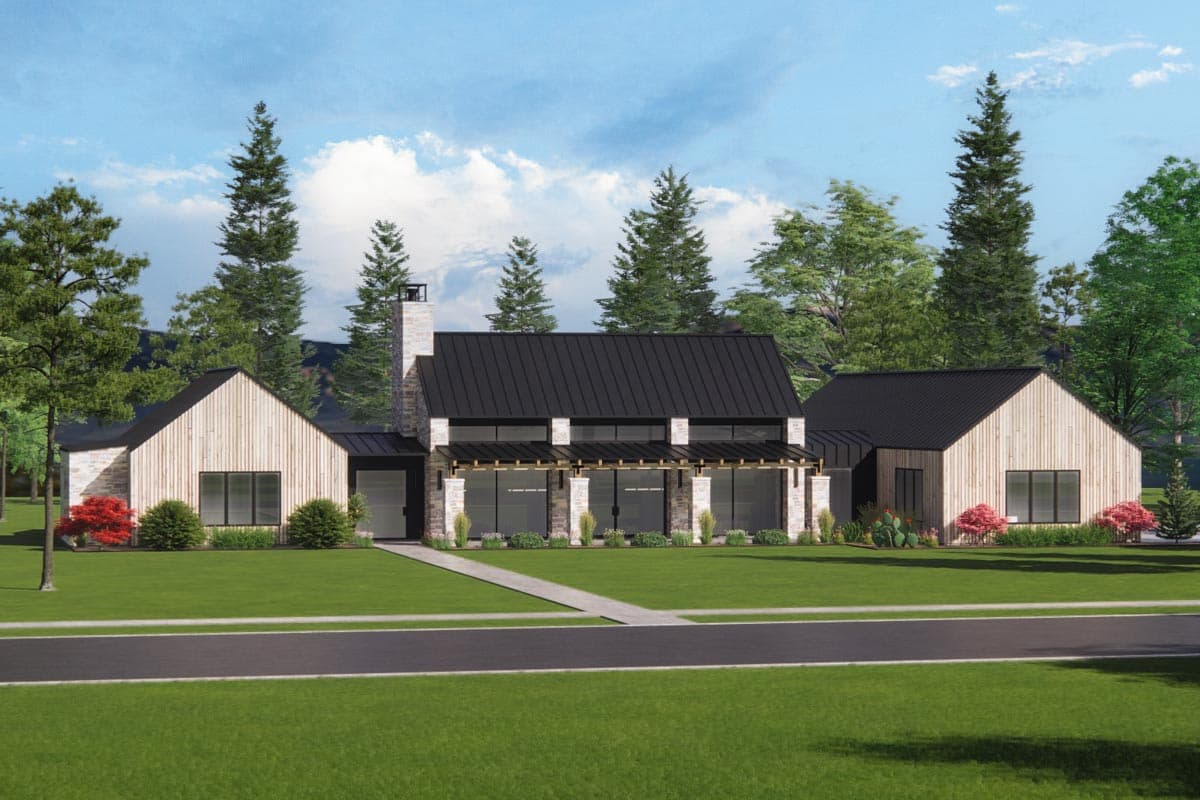 House plan exterior. Modern farmhouse style with black metal roof, vertical siding, stone chimney, and covered porch with columns. One story.