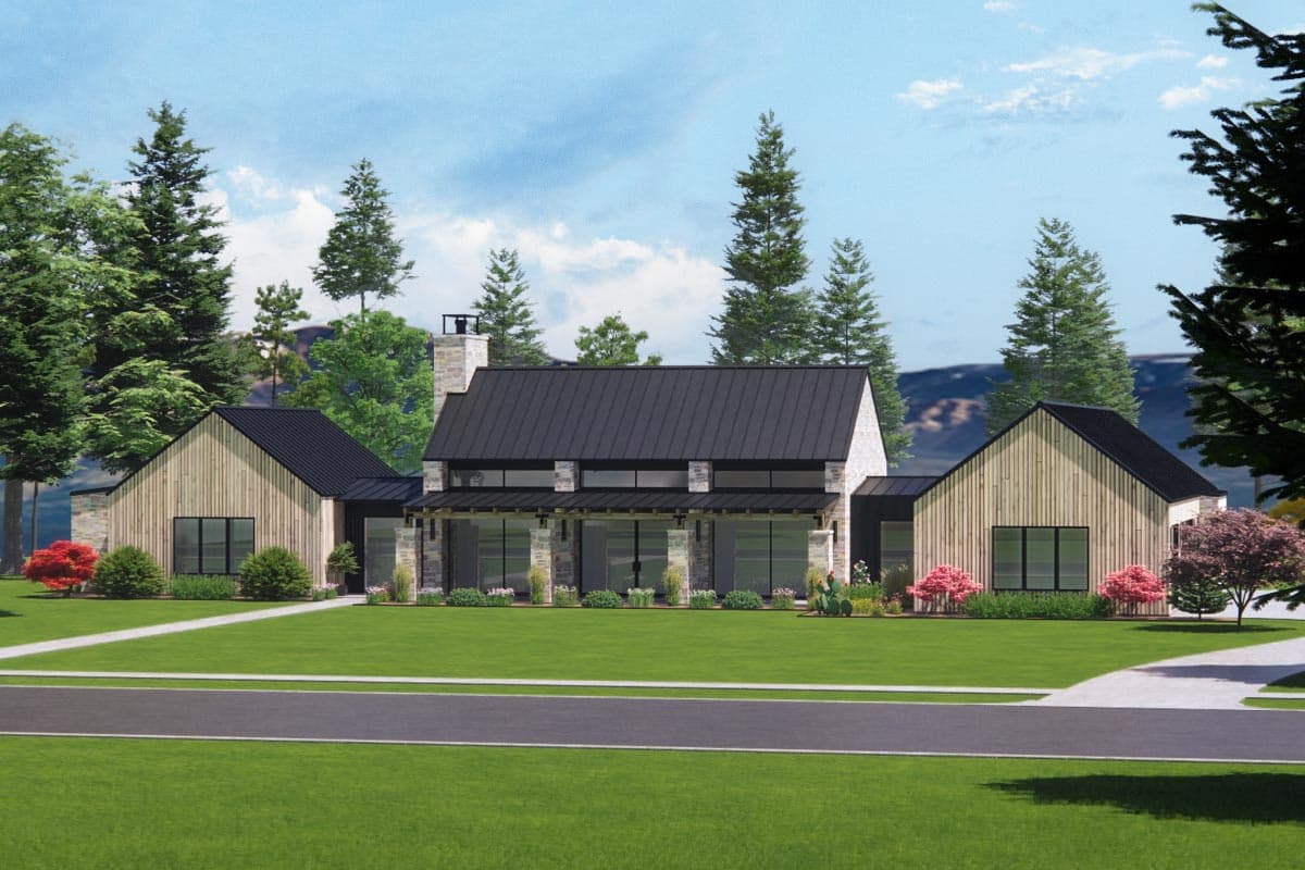 House plan exterior: Modern Farmhouse style, two stories, stone and wood siding, metal roof, gabled wings, covered porch, large windows.