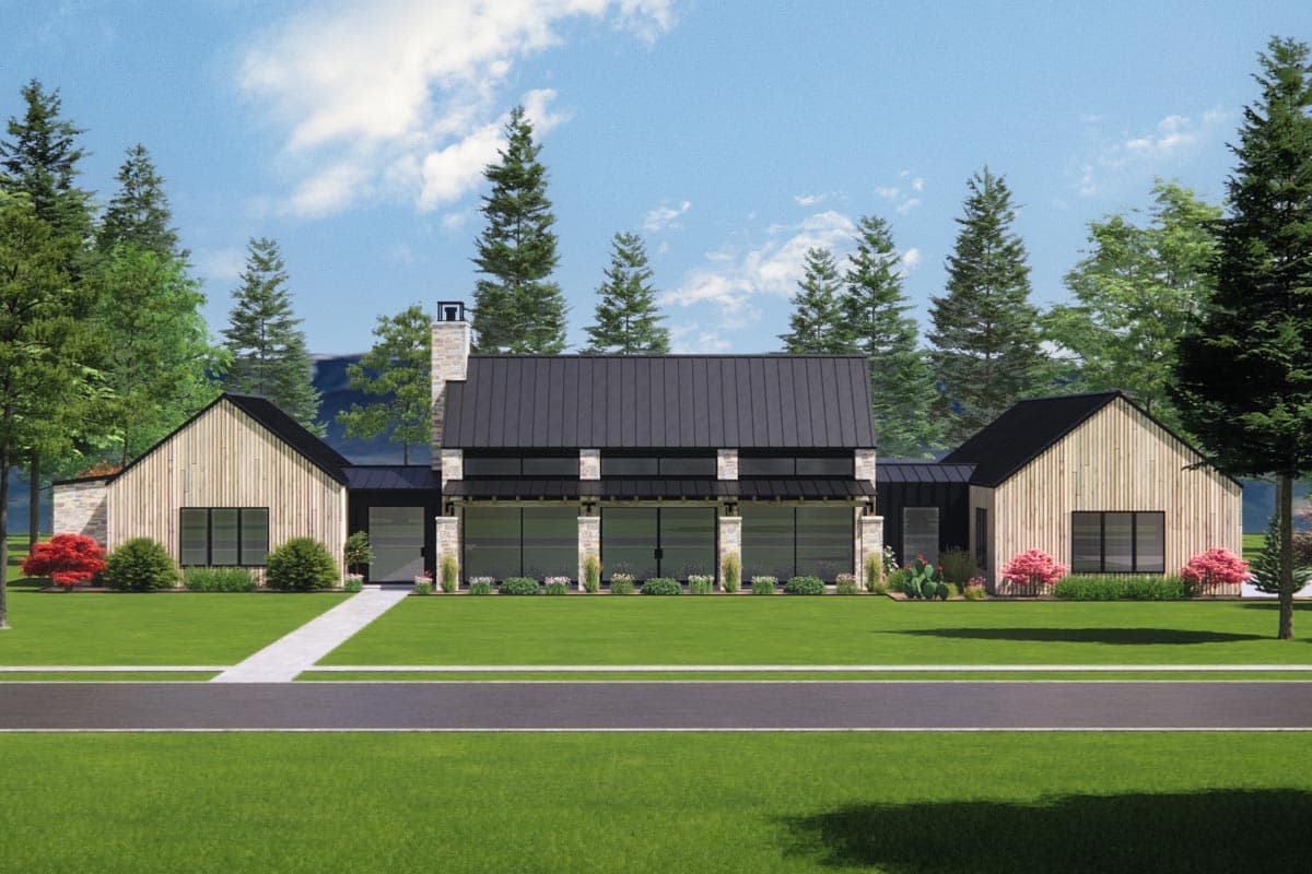 Modern house plan exterior with metal roof, vertical siding, stone accents, and a covered porch with stone columns.