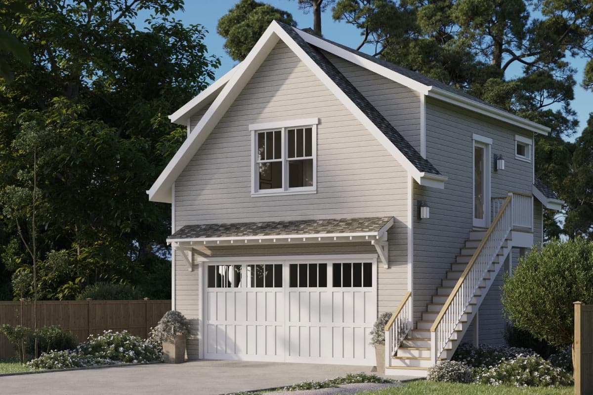 House plan exterior: Two-story Modern Farmhouse with a gable roof, horizontal siding, and an attached two-car garage with paneled doors.