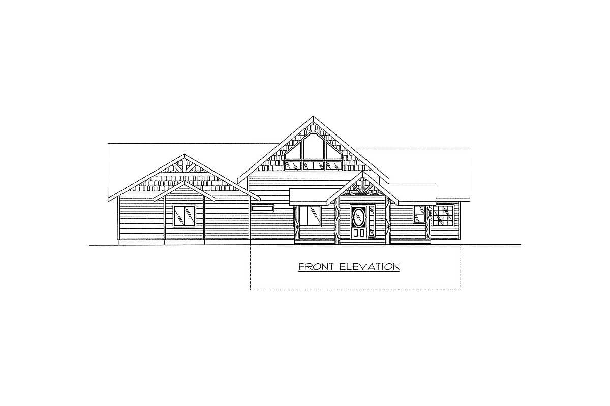 Front elevation drawing of a one-story house plan with multiple gables, decorative trim, and a prominent front entrance.