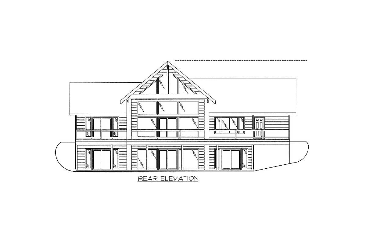 Rear elevation house plan showing a two-story structure with a gable roof, large central windows, and side dormers.