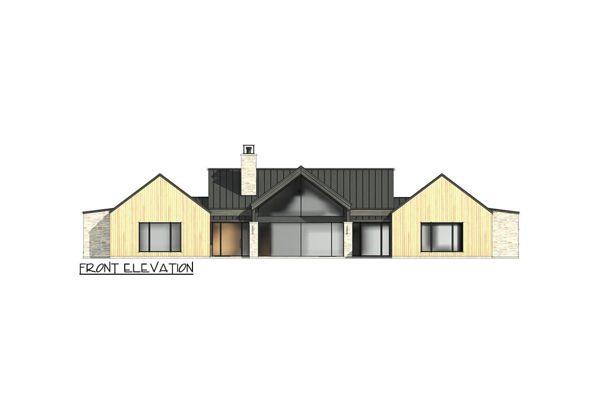 Front elevation drawing of a single-story house with asymmetrical gables, stone accents, and a metal roof.