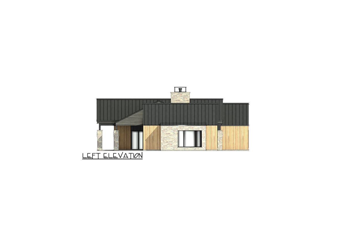 Left elevation drawing of a modern house plan with metal roof, stone and wood siding, chimney, and windows.
