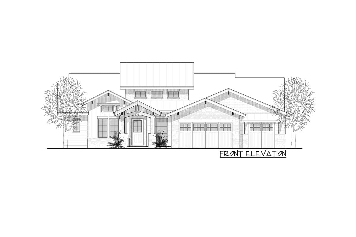 Front elevation drawing of a two-story Modern Farmhouse with a covered front porch, multiple gables, and a three-car garage.