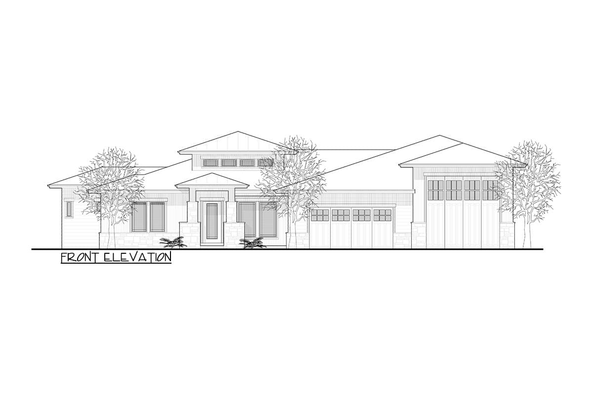 Front elevation drawing of a single-story house with a prominent hip roof, multiple gables, and a three-car garage.