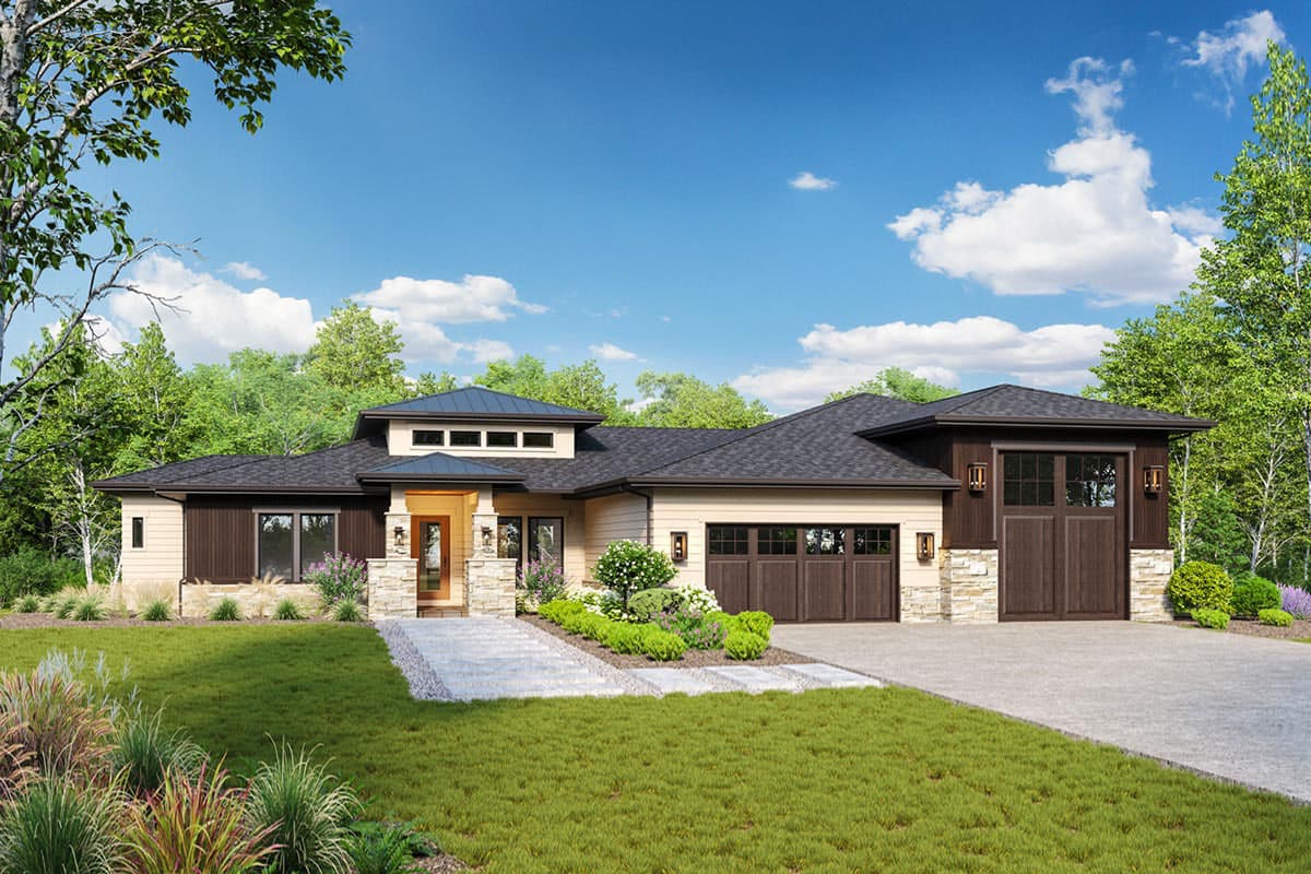 House plan exterior featuring a one-story, modern-style home with a flat roof, stone accents, a multi-car garage, and a covered entry.