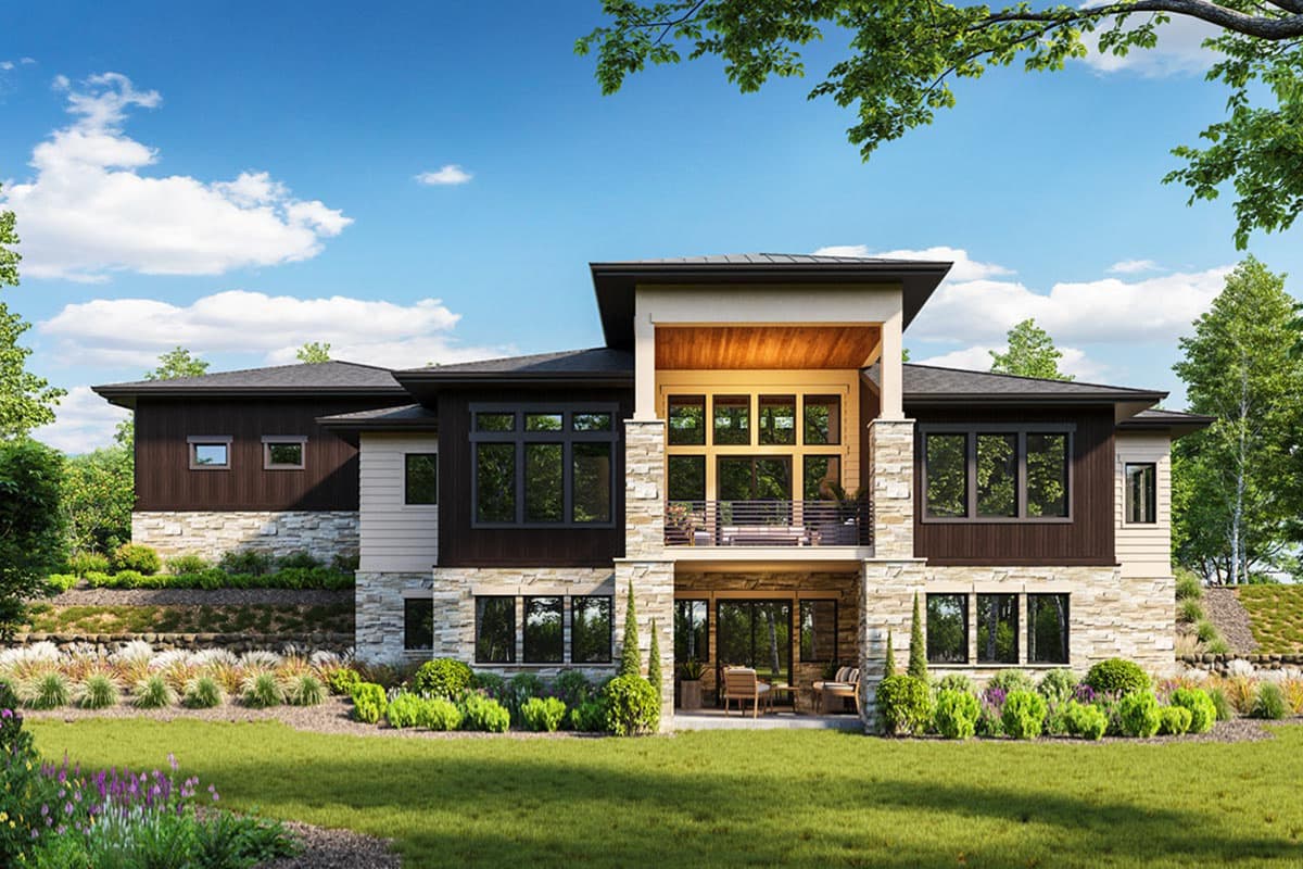 Modern house plan exterior with stone and wood facade, large windows, upper balcony, and covered patio.