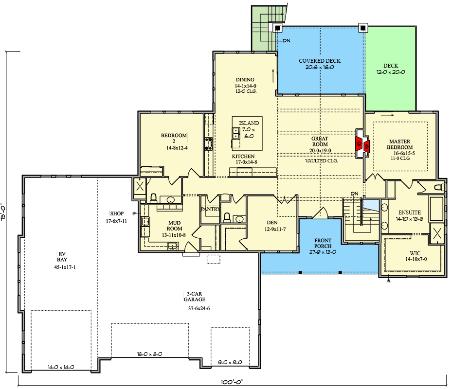 Plan 95205RW: Mountain Modern Home Plan with RV Bay and Optional Lower Level - Floor Plan - Main Level - Craftsman, Mountain, New American, Ranch