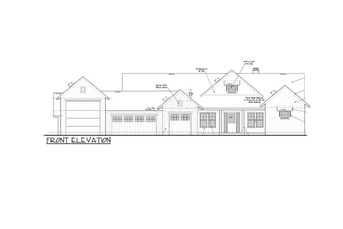 Front elevation house plan showing a 1-story home with a 2-car garage, dormers, and a covered front porch.
