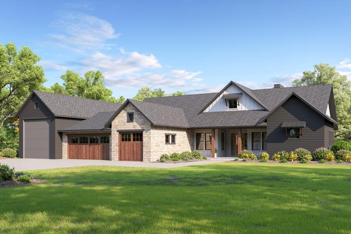 House plan exterior. Modern Farmhouse style, single-story home. Features include gabled rooflines, stone facade, and a covered porch.