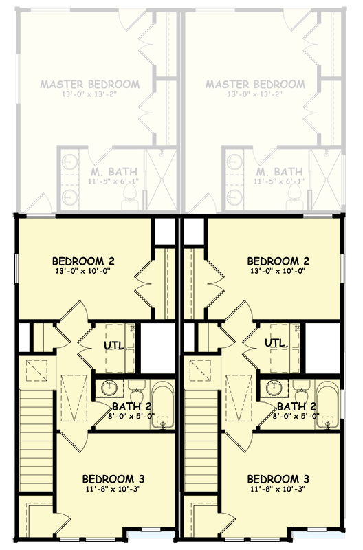 Plan 100307GHR: Transitional Duplex House Plan with 1329 Square Foot 3 Bed Units - Floor Plan - 2nd Floor - Contemporary, Modern, Northwest, Transitional