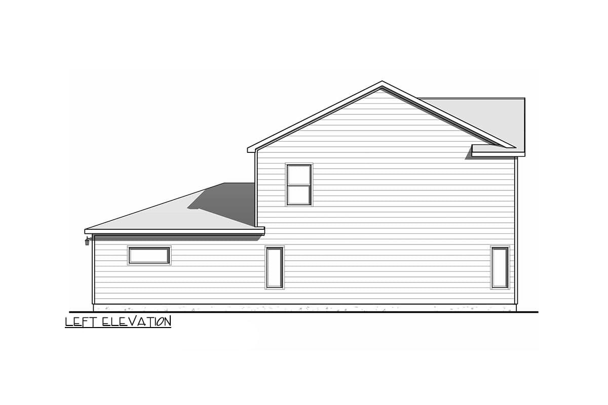 Left elevation drawing of a two-story house plan with horizontal siding, multiple windows, and varying rooflines.