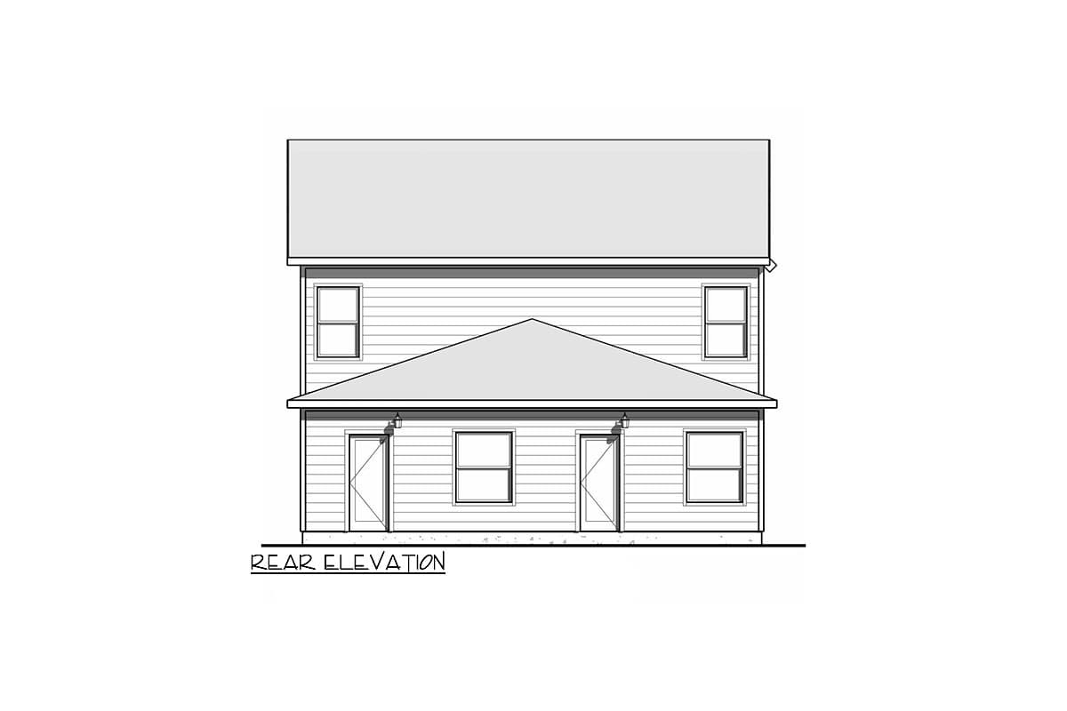 Rear elevation drawing of a two-story house with two doors and four windows.