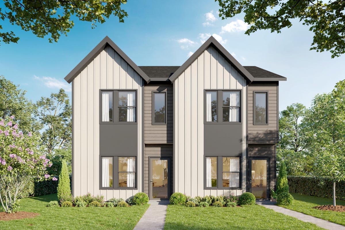 House plan exterior. Two-story Modern style with vertical siding, gable roof, and multiple rectangular windows.