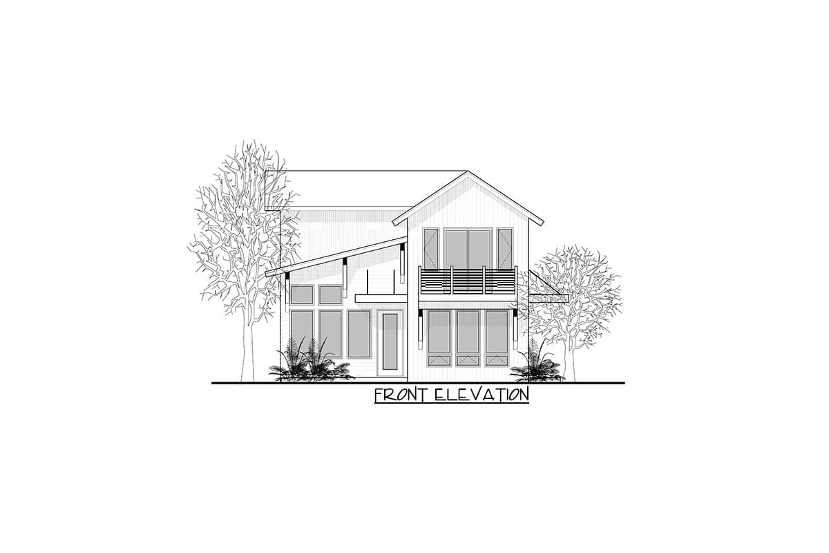 Front elevation drawing of a two-story house with a pitched roof, large windows, and a second-story balcony.