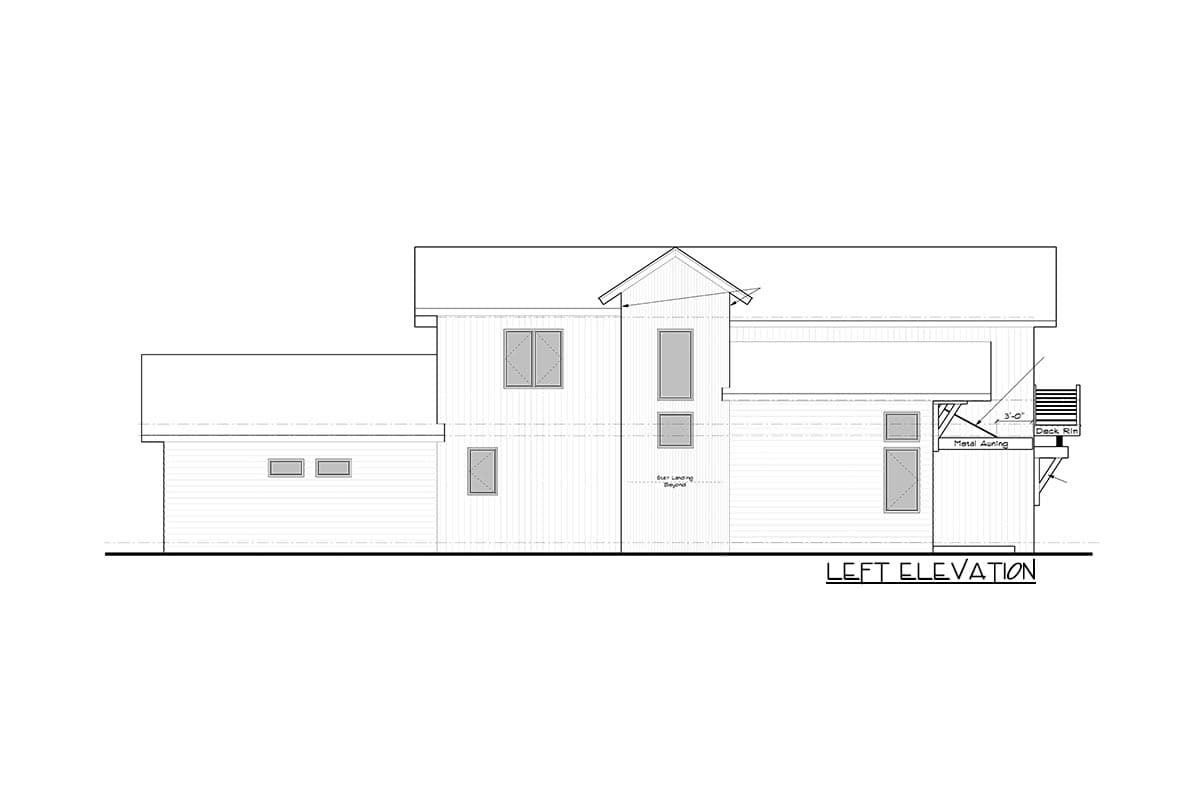 Left elevation drawing of a house plan featuring multiple stories, gabled roof, and a metal awning over a deck.