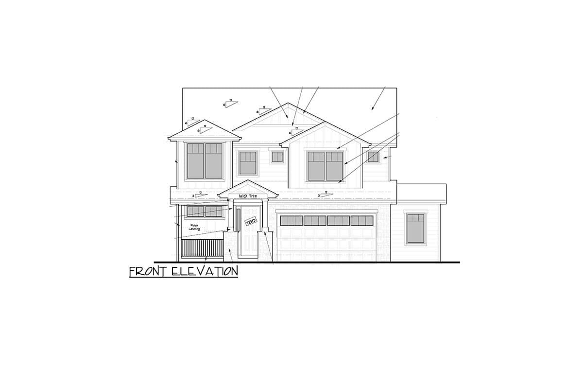Front elevation drawing of a two-story house plan with gables, a covered porch, and a two-car garage.