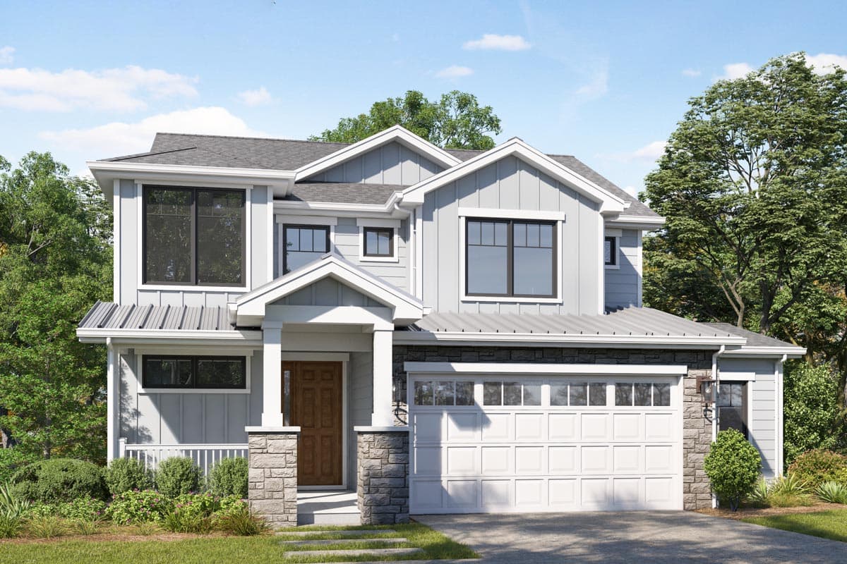 House plan exterior. Two-story modern farmhouse with gabled roof, stone accents, and a front-facing garage with multiple windows.