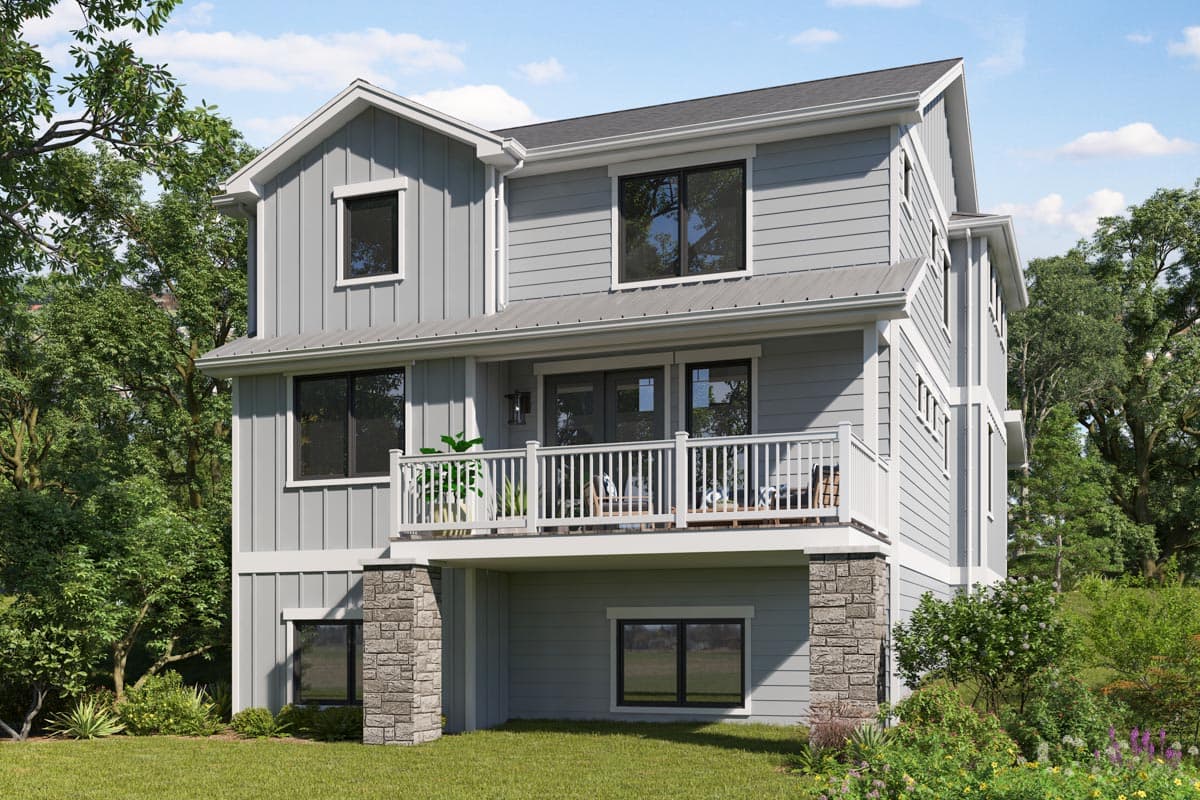 House plan exterior: two-story Modern Farmhouse with board and batten siding, metal roof, balcony, and stone foundation details.