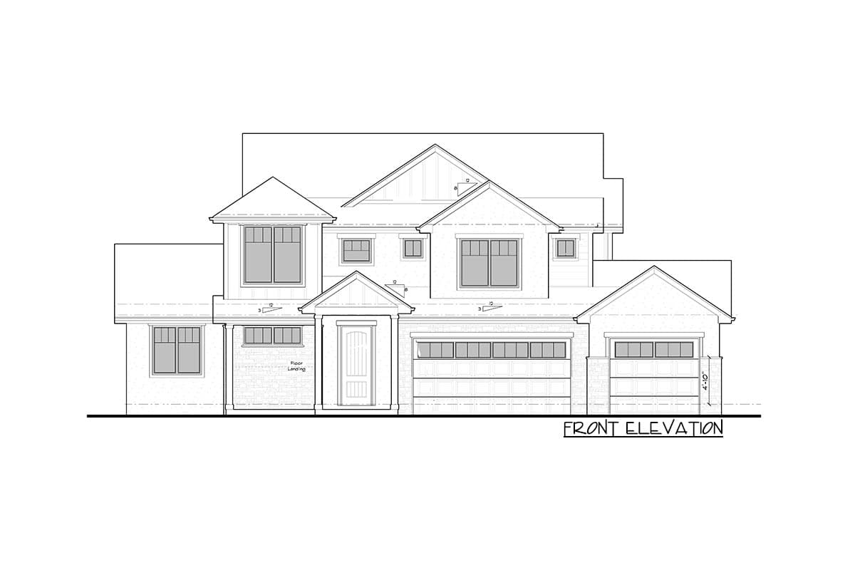 Front elevation house plan with multiple gables, covered entryway, numerous windows, and a two-car garage.