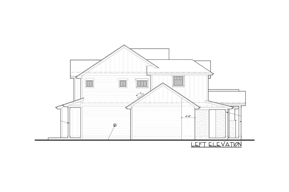 Left elevation house plan: two stories, gabled rooflines, front-facing garage, stone accents, and covered porch with columns.