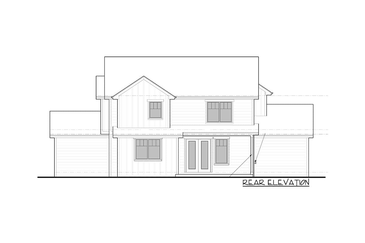 Rear elevation drawing of a two-story house with board and batten siding, gabled dormer, and double doors.