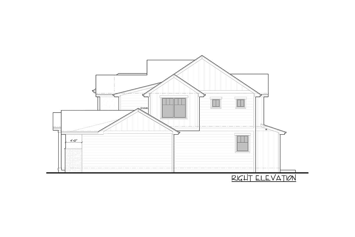 Right elevation house plan drawing showing a two-story home with gabled dormers, multiple rooflines, and an attached garage.