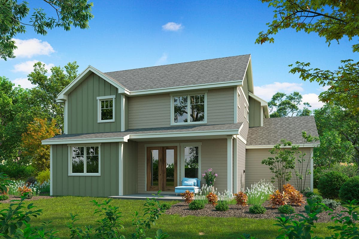 House plan exterior: Two-story dwelling with gables, board-and-batten siding, and double glass doors.