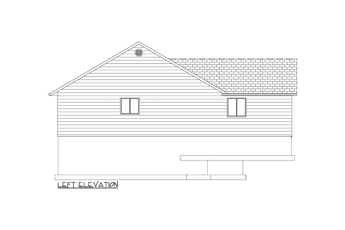 Left elevation of a house plan, showing a gable roof, two windows, and horizontal siding.